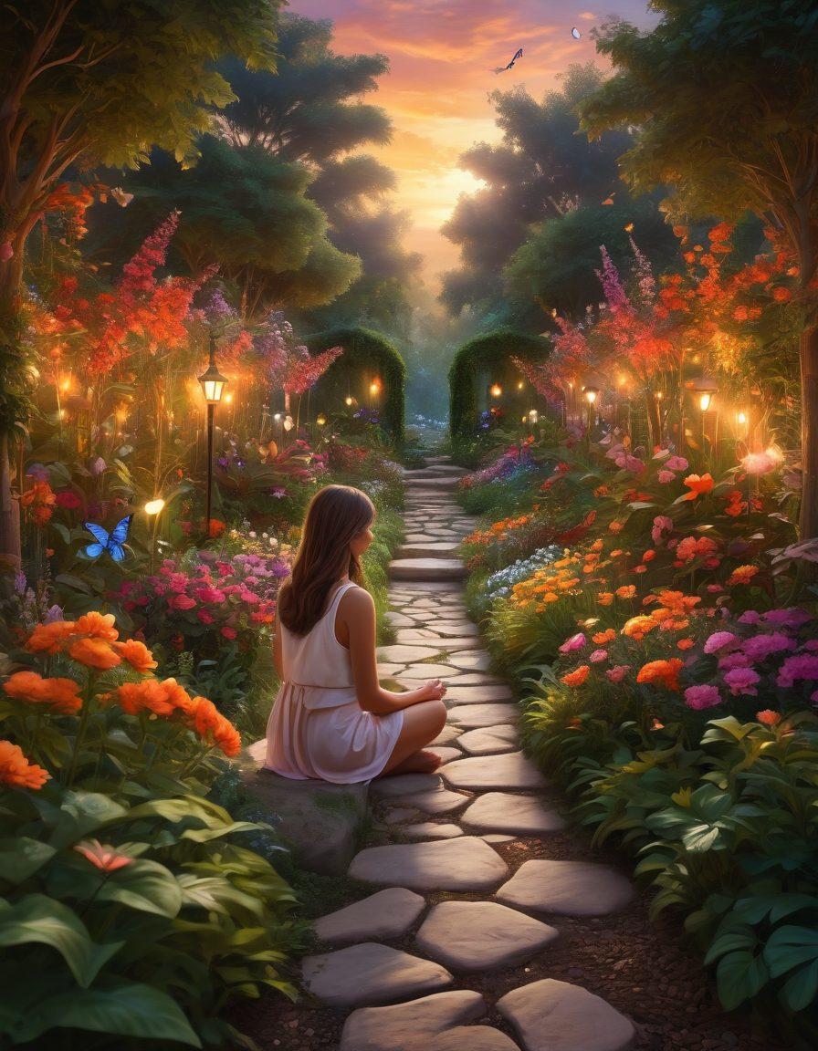A serene garden scene filled with vibrant flowers and lush greenery, with a pathway leading to a peaceful meditation area. A person is sitting cross-legged, surrounded by soft glowing lights and butterflies symbolizing joy. The sky is painted with warm sunset hues, creating a tranquil atmosphere. The overall mood conveys harmony and emotional elevation. vibrant colors. super-realistic.