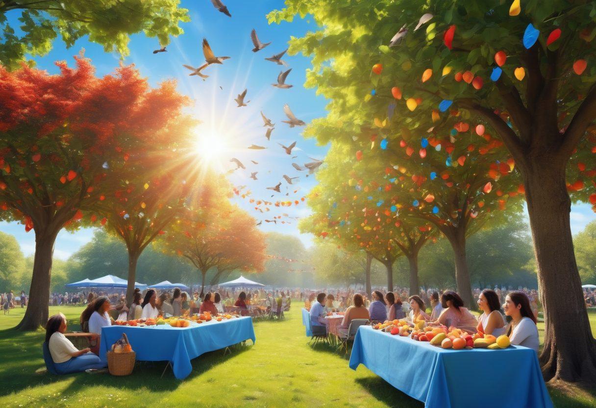 A serene community gathering with diverse people sharing smiles, laughter, and helping hands in a sunlit park. Soft, colorful banners fluttering, symbolizing unity and positivity. Birds flying in the blue sky above, while a vibrant picnic scene unfolds below with fruits and flowers surrounding the happy group. super-realistic. vibrant colors. soft focus.