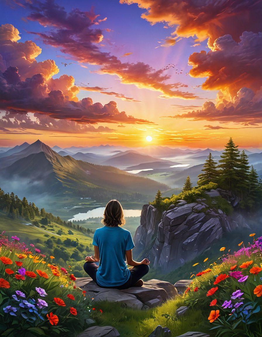 A serene landscape featuring a person sitting cross-legged on a mountaintop, gazing at a breathtaking sunrise. Surround the person with floating words like 'gratitude', 'joy', and 'contentment'. Include lush greenery and colorful flowers in the foreground, symbolizing growth and positivity. The sky should be painted in warm, uplifting colors. super-realistic. vibrant colors. dreamy atmosphere.